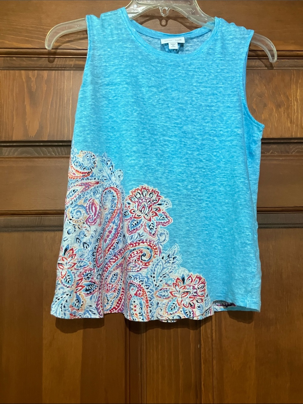 J. Jill Turquoise Blue Sleeveless Tank with Multicolor Paisley Embroidery